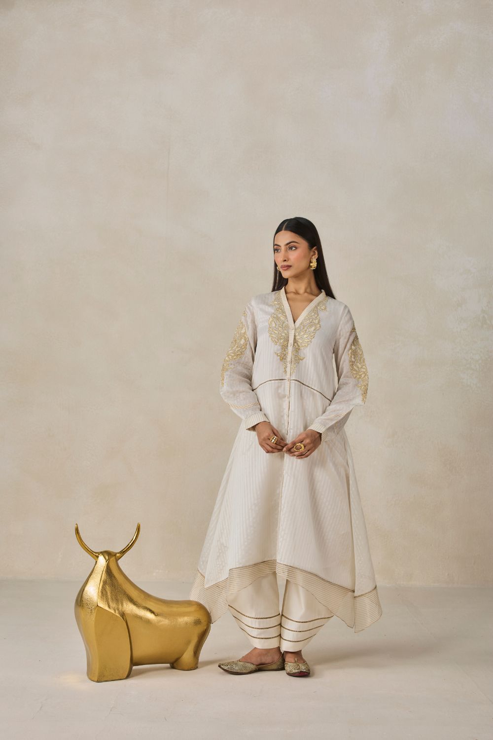Chanderi Front Open Assymetrical Kurta With Pant