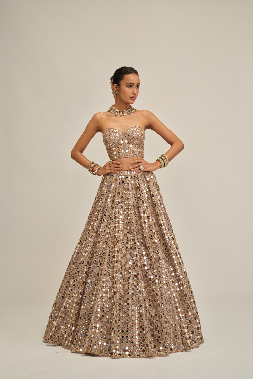 Ash Pink Dense Big Mirror Cutwork Crop Top Skirt Set