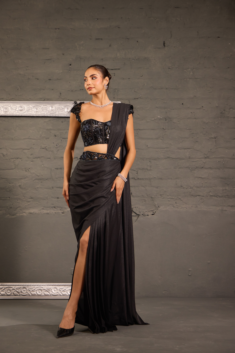 Metallic Drape Saree With Corset Cutwork Blouse