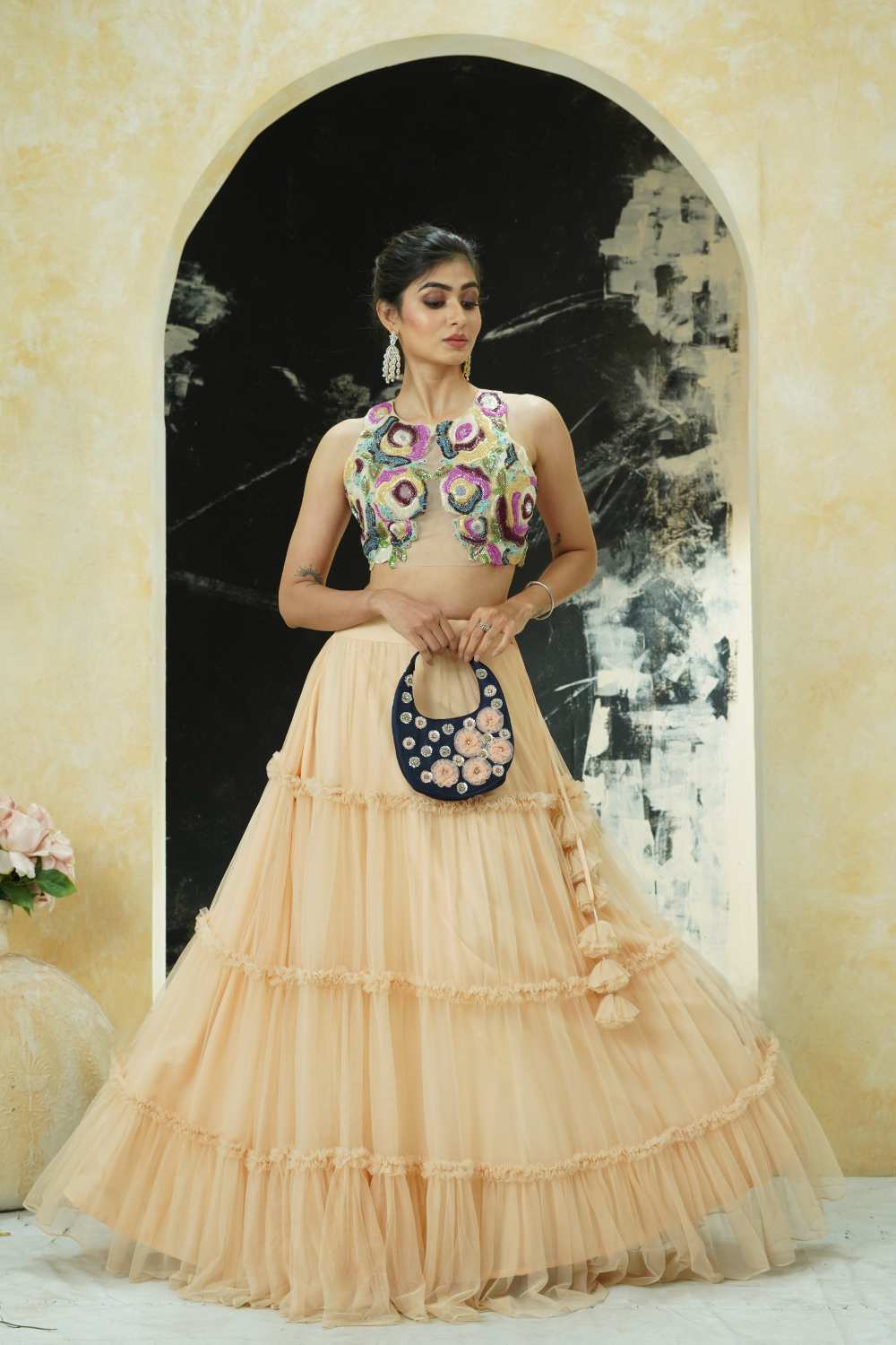 Multi-hued embroidered blouse and tier skirt set