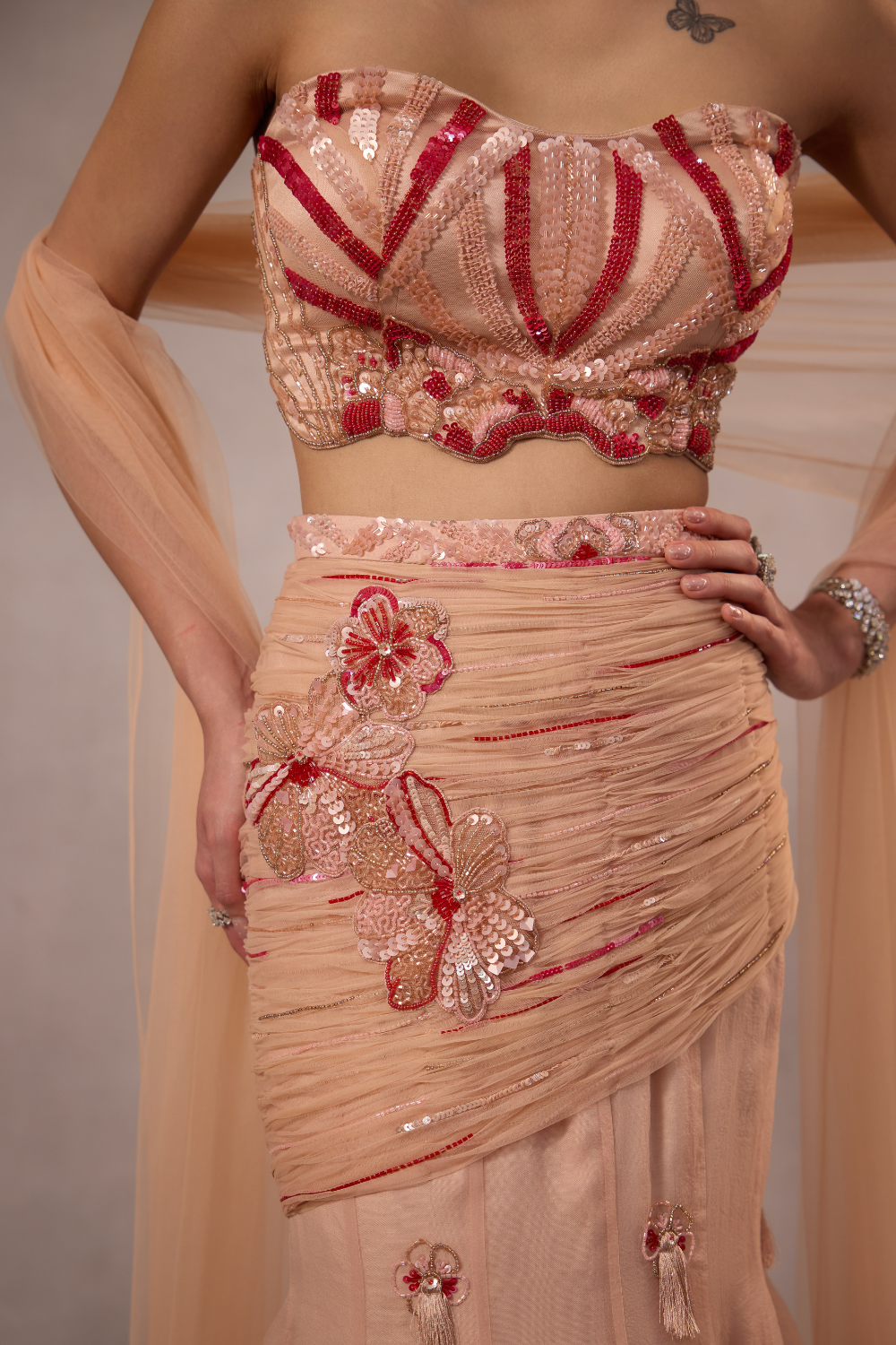 Powder Pink Embroidered Fishcut Drape Lehenga with Blouse -set of 3