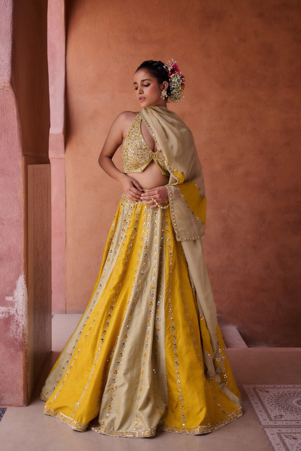 Mustard and sage green silk blouse, lehenga and organza dupatta