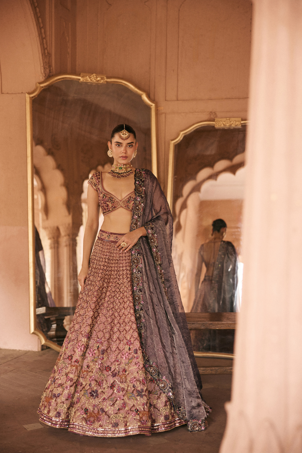 Pink, Purple, hand embroidery, sequins, Tissue Lehenga Set