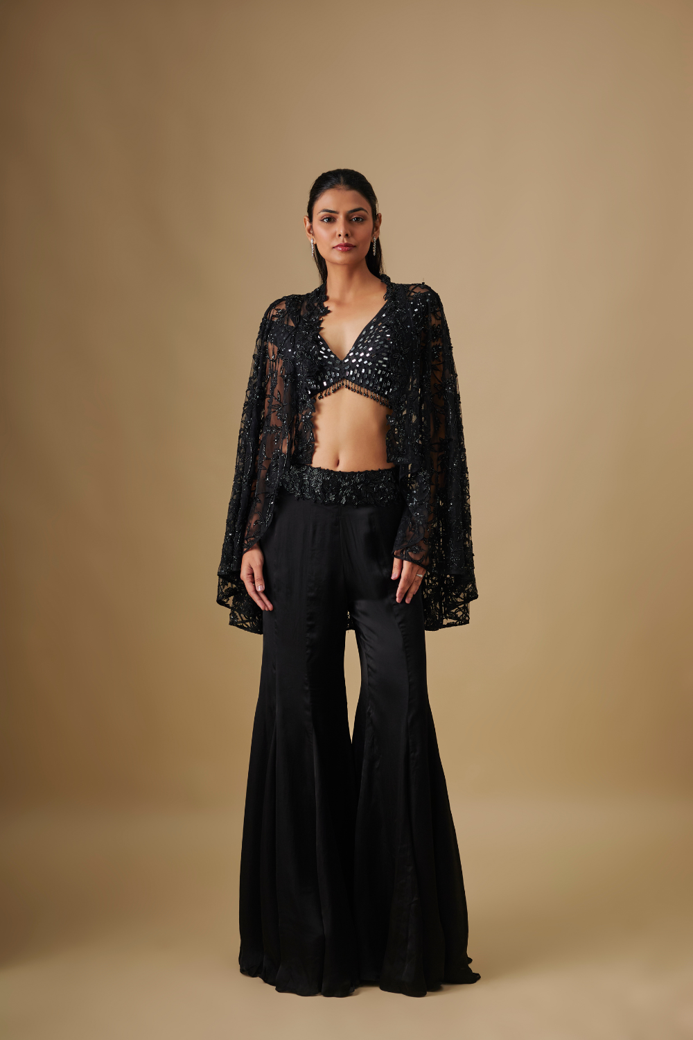 Coral- Black sharara Mirror Blouse with Cape
