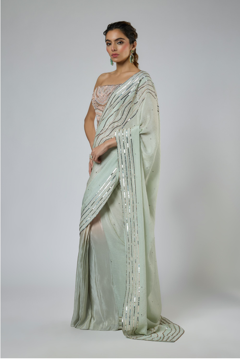 LIGHT MINT AND PINK OMBRE INTRICATE EMBROIDERED SAREE WITH CORSET BLOUSE