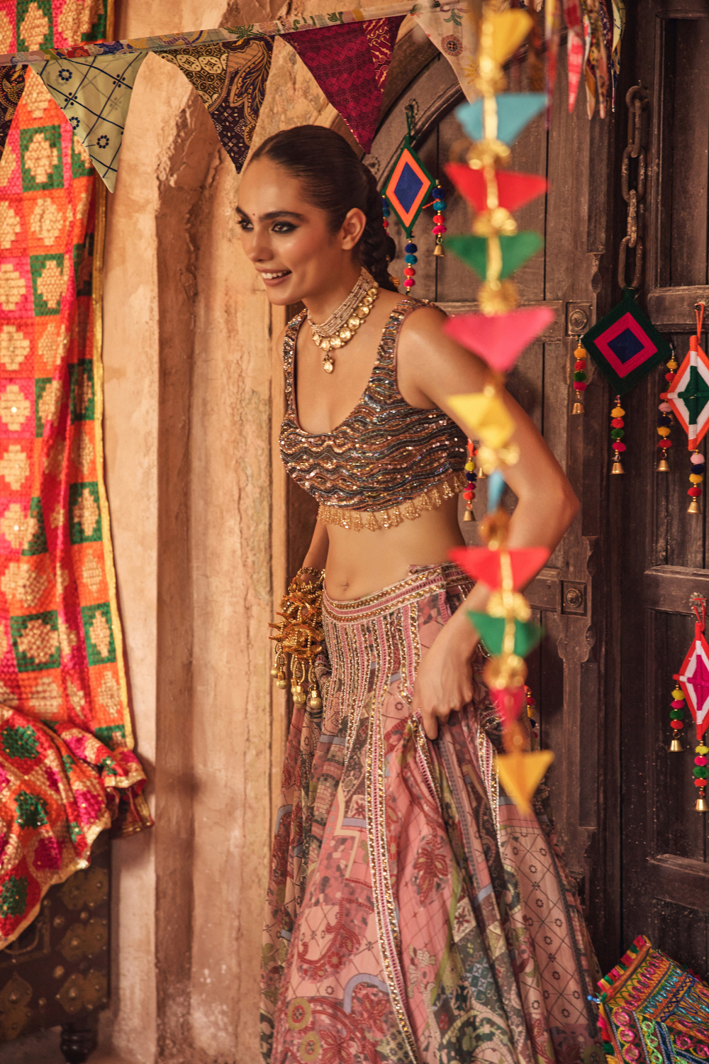 Dusk Pink Embroidered Blouse with Lace Lehenga & Tassel Dupatta Set