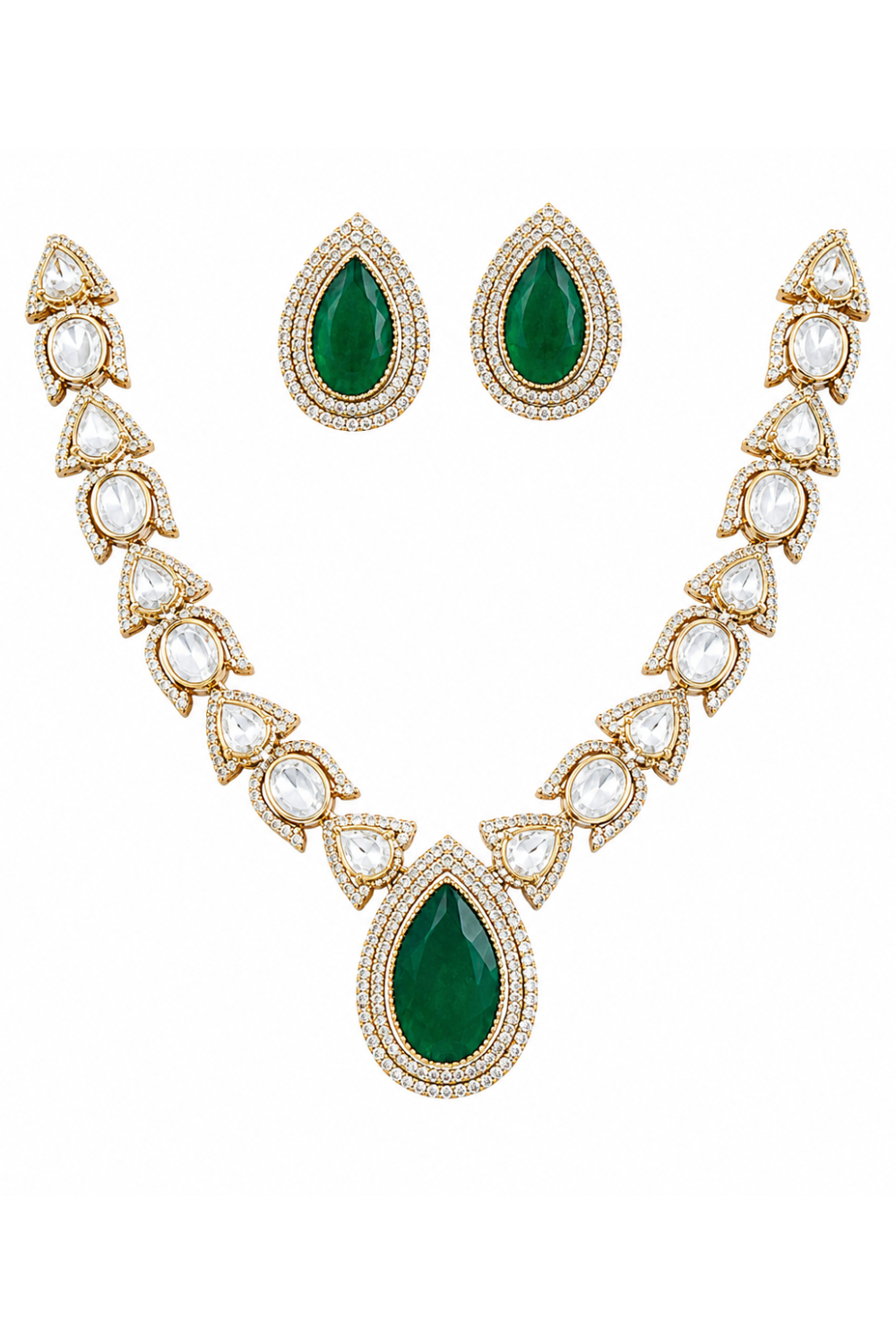 Emerald Green Moissanite Polki Teardrop Pendant Jaipuri Kundan Necklace Set with Statement Earrings
