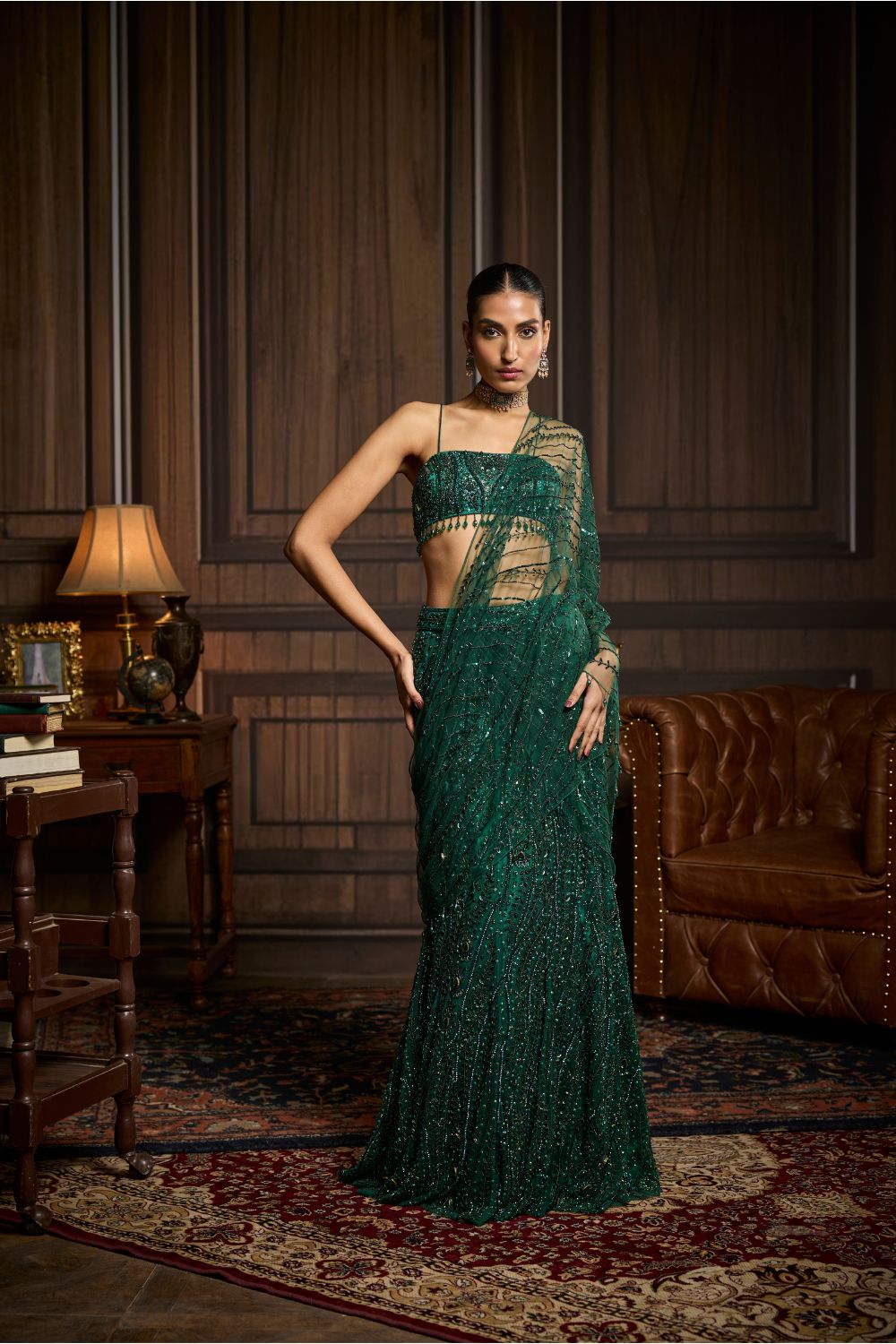 EMERALD GREEN EMBELLISHED BLOUSE AND PRE-DRAPED SAREE SET
