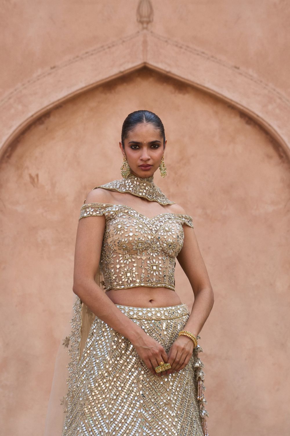 SUNEHRI — Antique Gold Net Lehenga Set