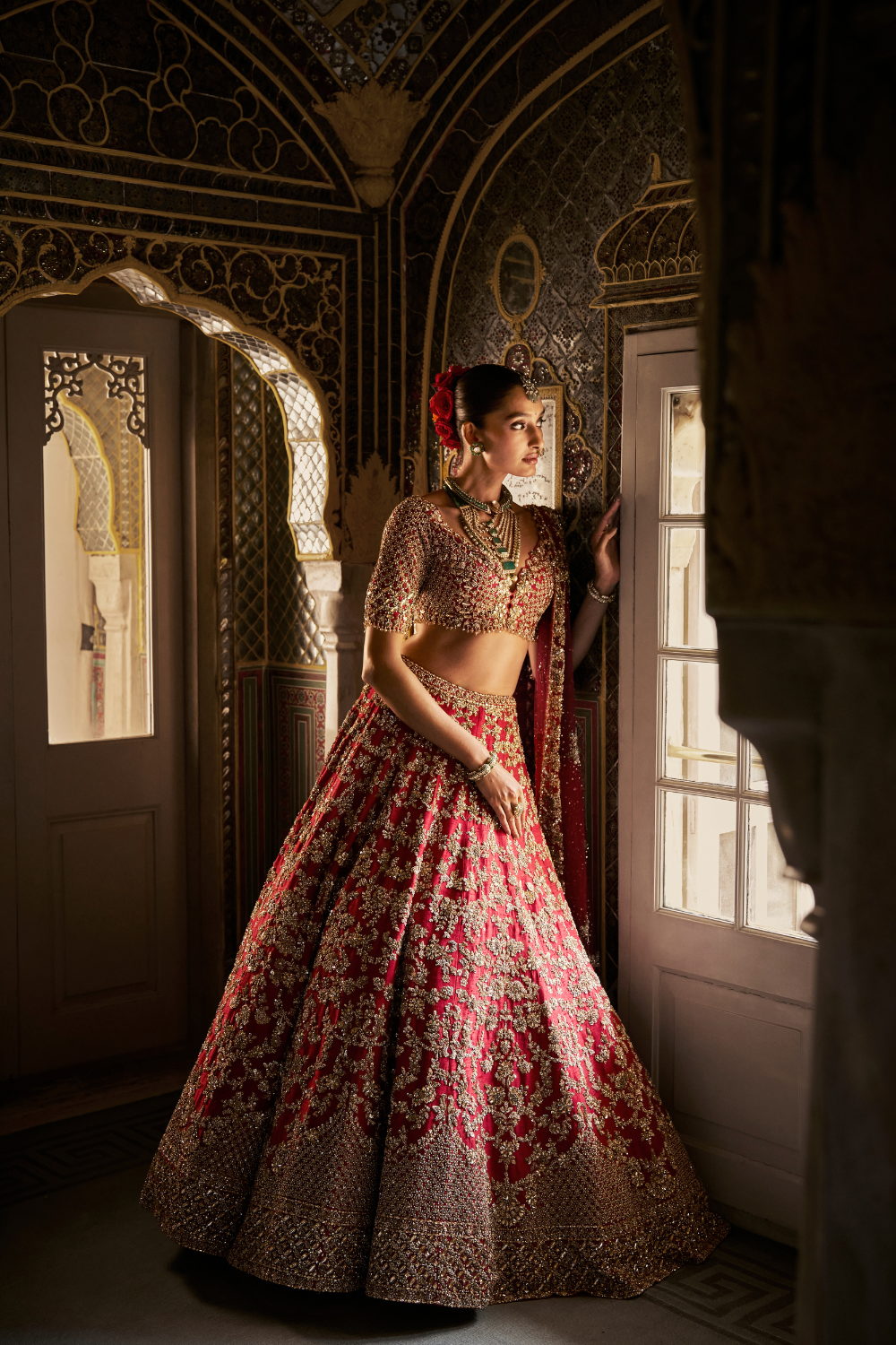 Red Crystal Zardosi Lehenga Set