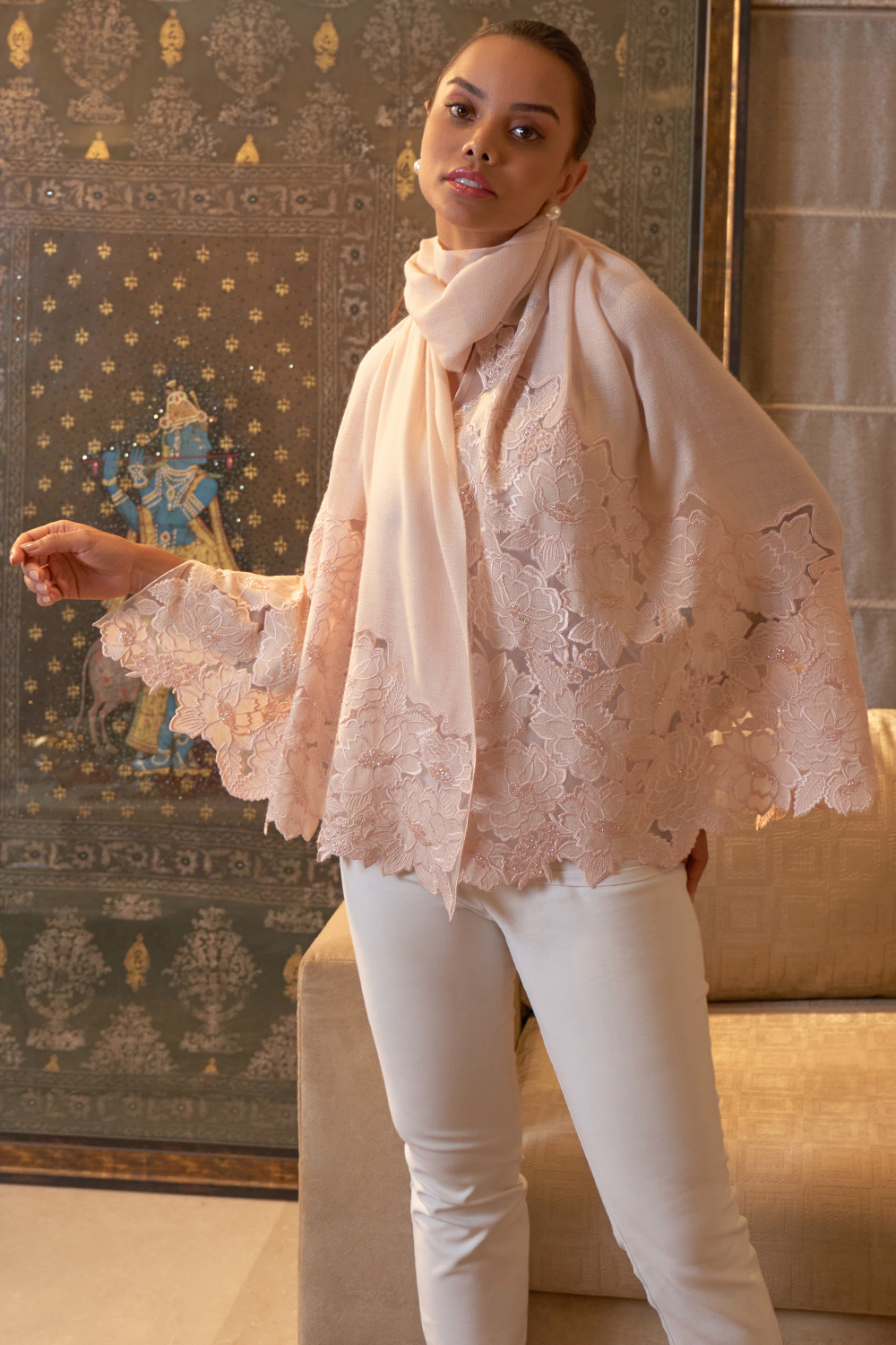 A Rose Dream | Embroidered Wool Silk Stole – Pearl