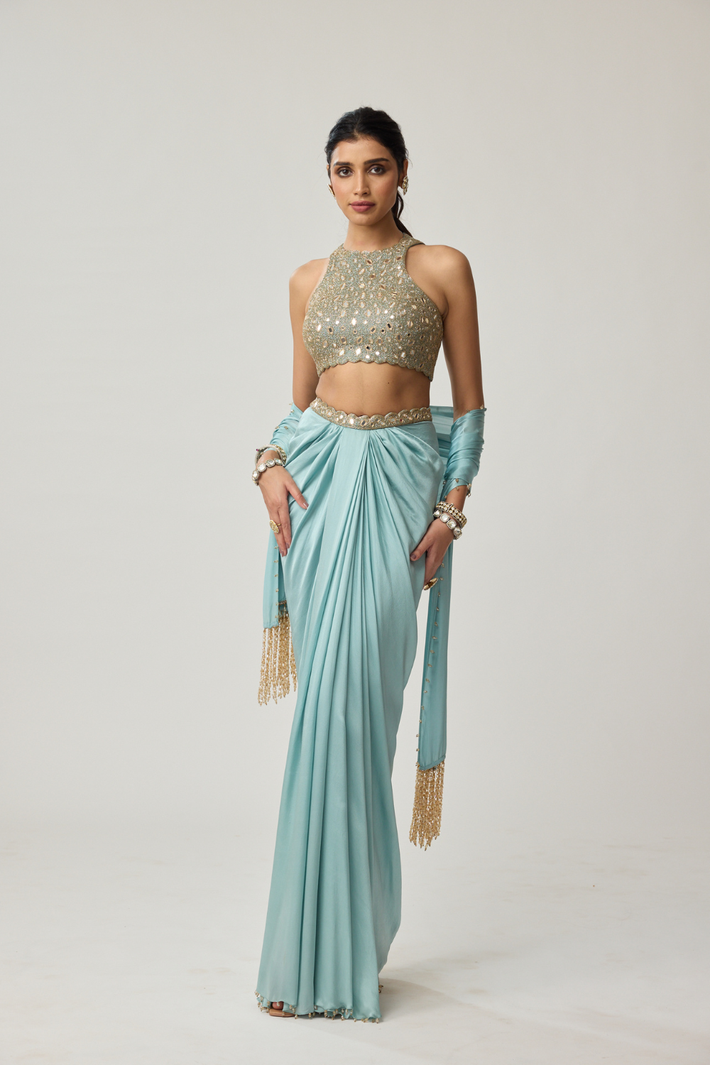 Powder Blue Mirror Satin draped skirt Set
