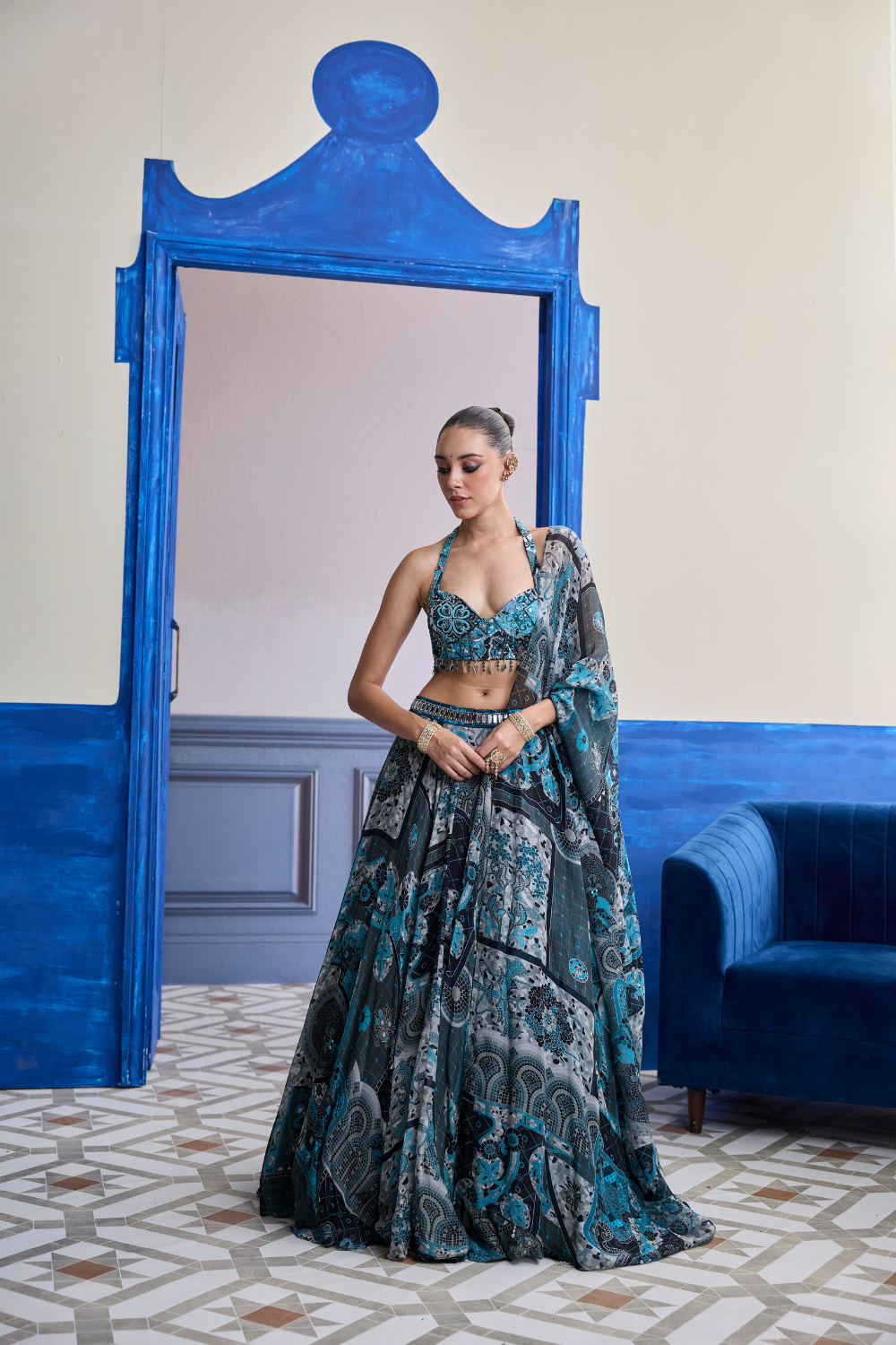 Teal & Black Mosaic Halter Blouse with Printed Lehenga & Dupatta Set