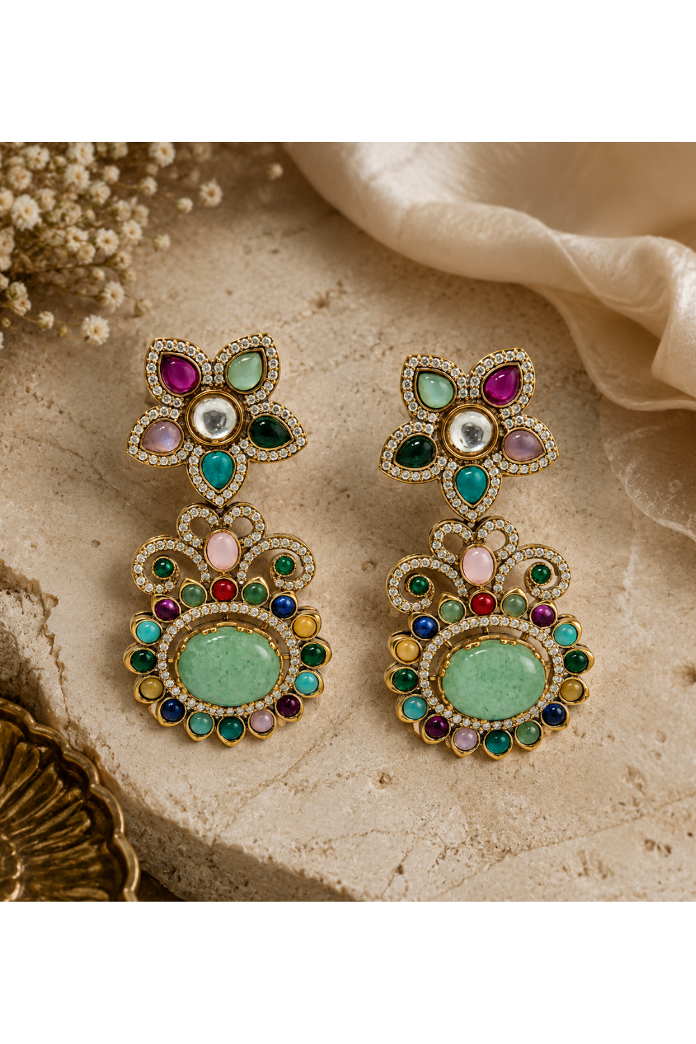 Multicolour Semi-Precious Floral Statement Earrings