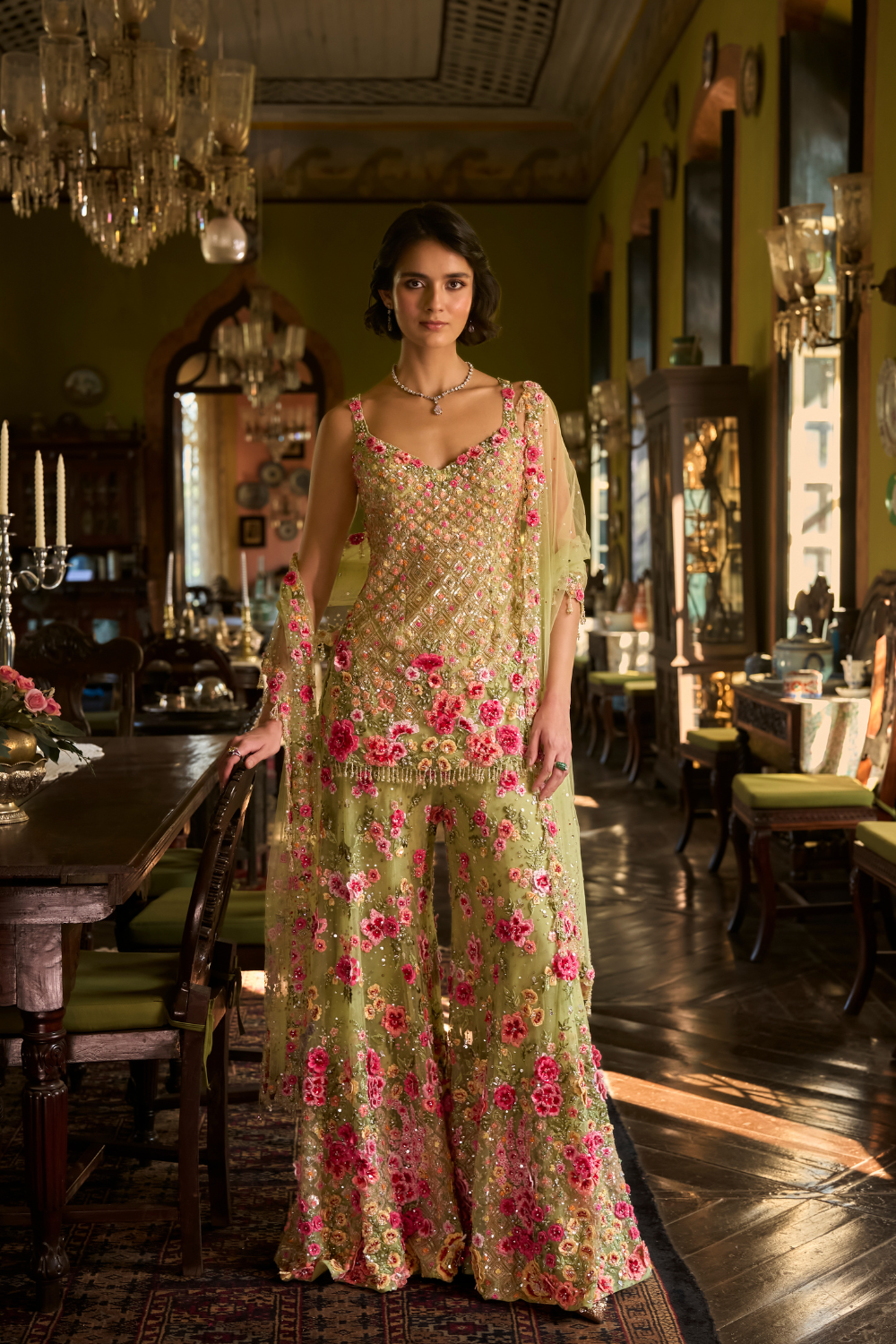 Leaf Green Three-Dimensional Sharara Set