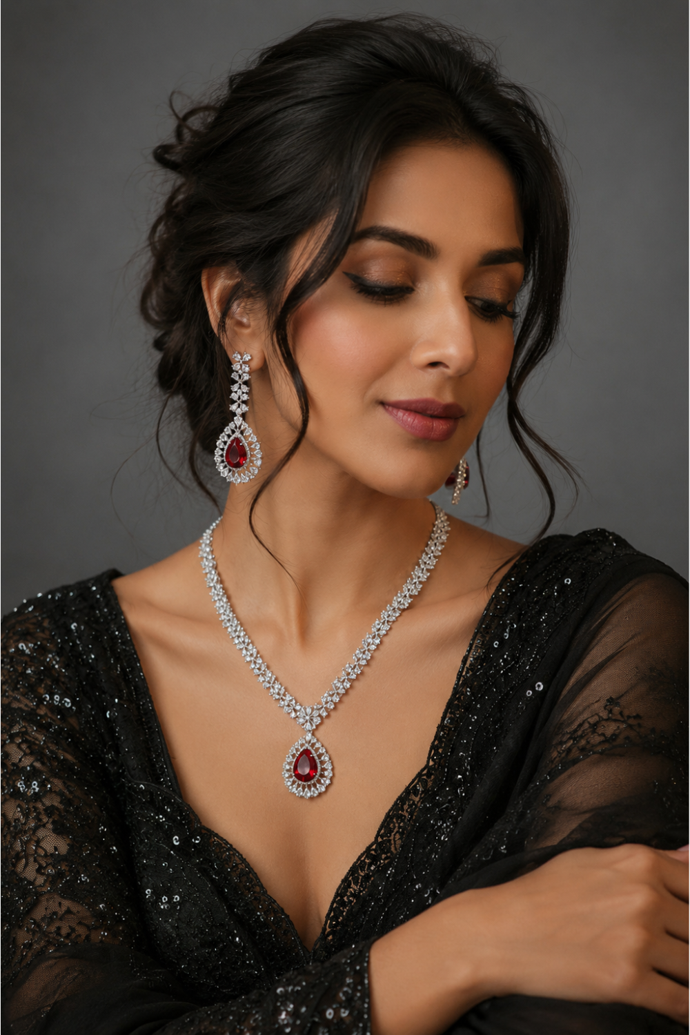 Ruby Red Teardrop Cubic Zirconia  Look Necklace Set with Statement Earrings