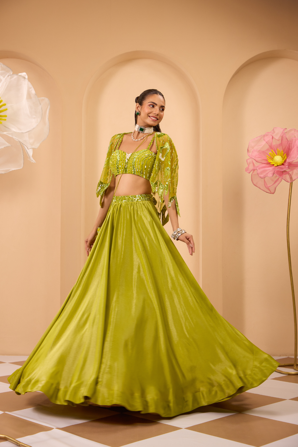 Green Hand Embroidered Blouse W/Lehenga & Cape