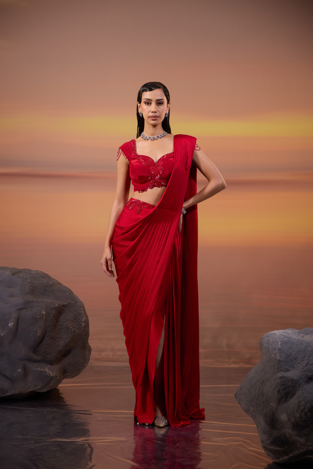 Red Embellished Drape Saree