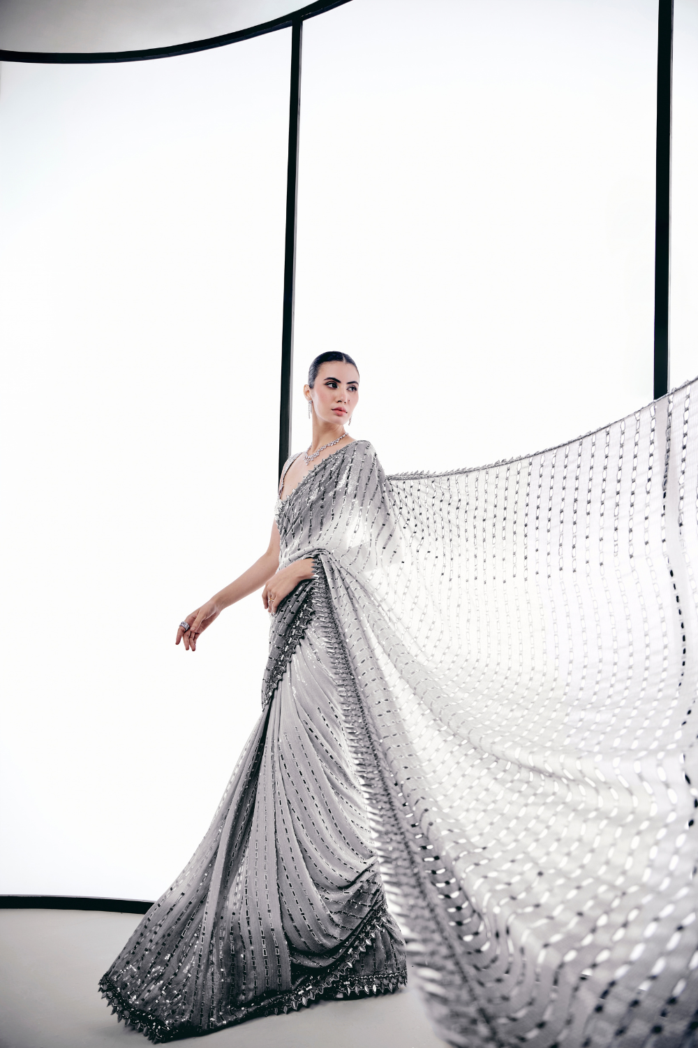 Grey Ombre Cutwork Saree Set