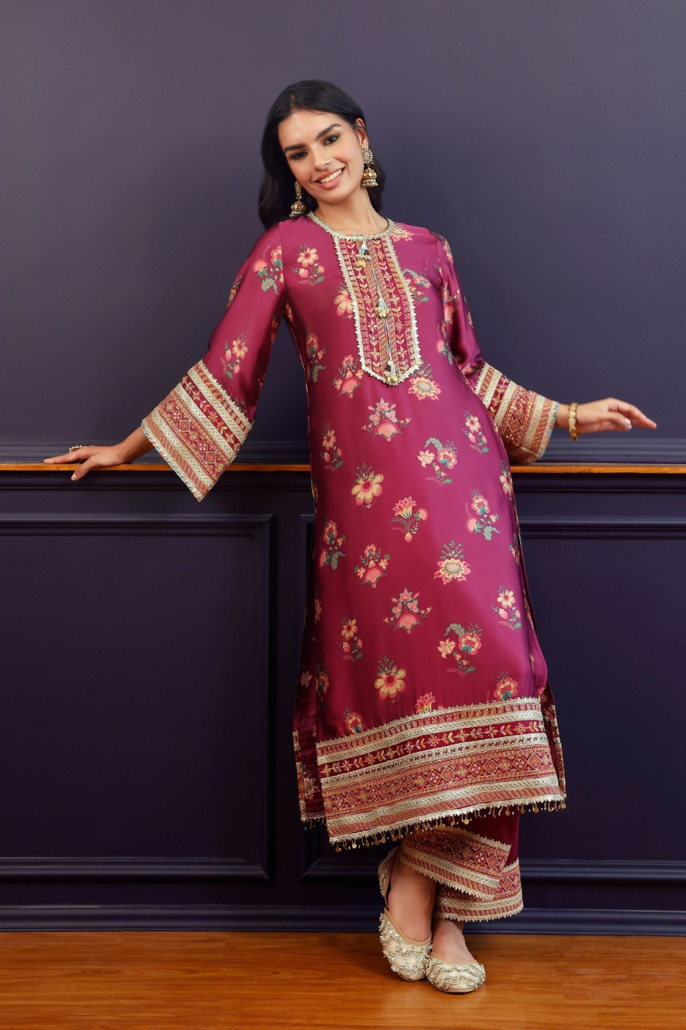 Ovia Cupro Satin Printed Wine Kurta & Pant Set