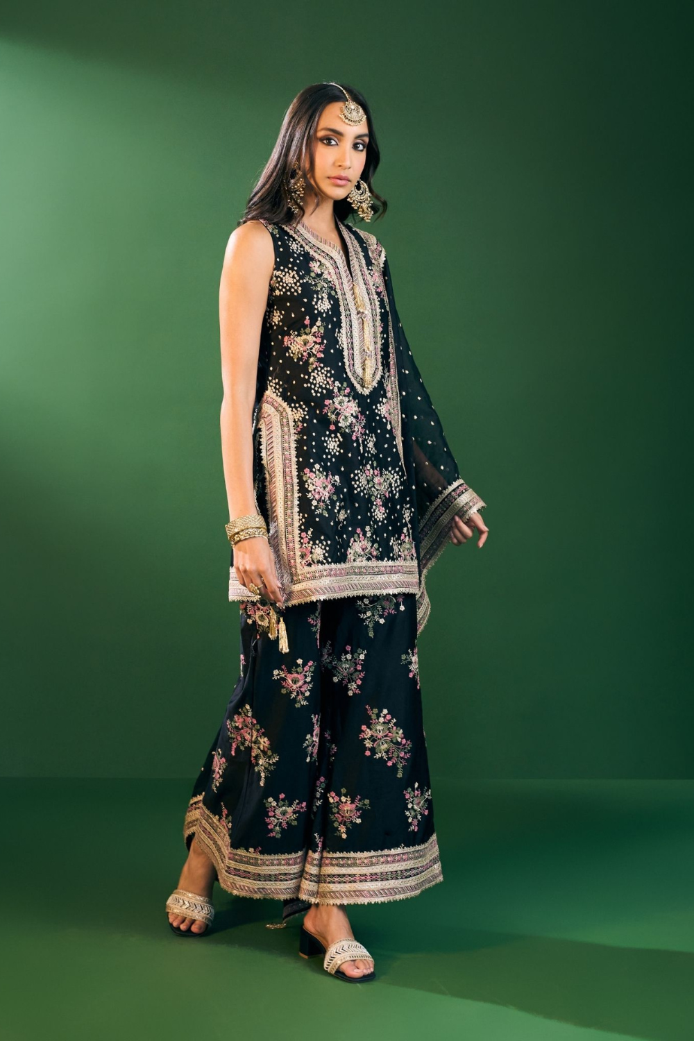 Lami Pima Satin Black Kurta With Flared Bell-Bottom Pants