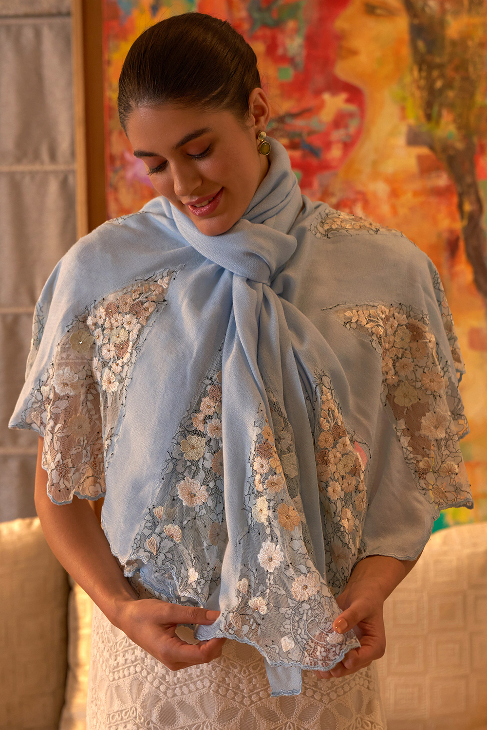 Cherry Blossom Flounce | Embroidered Wool Silk Stole – Powder Blue