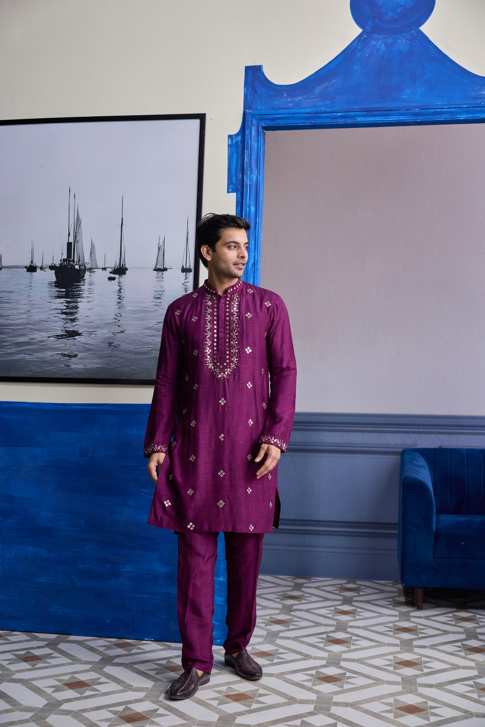 PLUM EMBROIDERED KURTA WITH SOLID PANTS