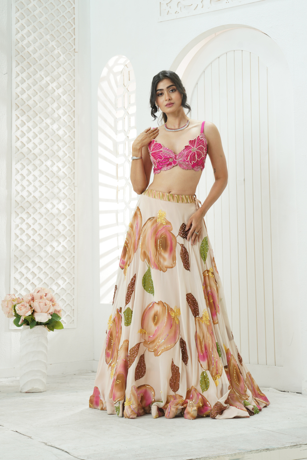 Baby Pink hand painted lehenga and embroidered bralette set