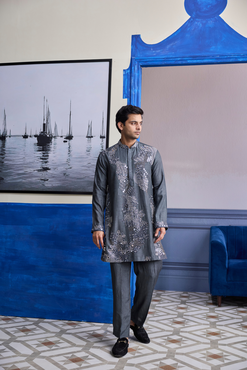 Steel Grey Embroidered Kurta with Pants