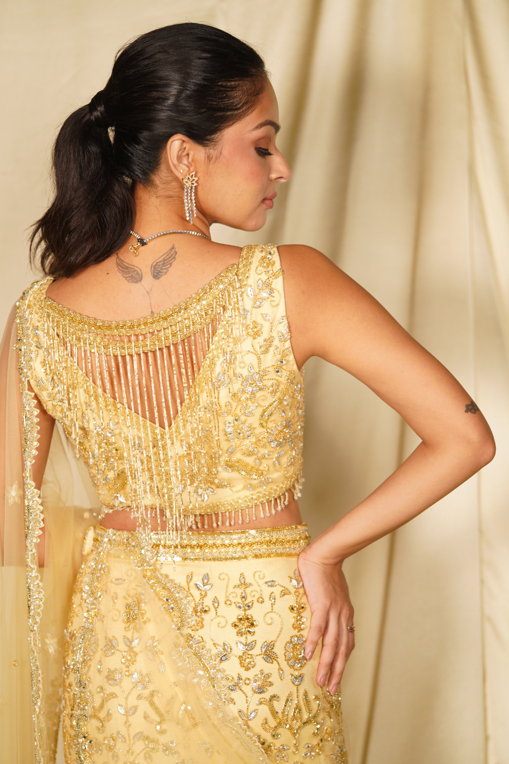 Gold embroidered fishcut saree set