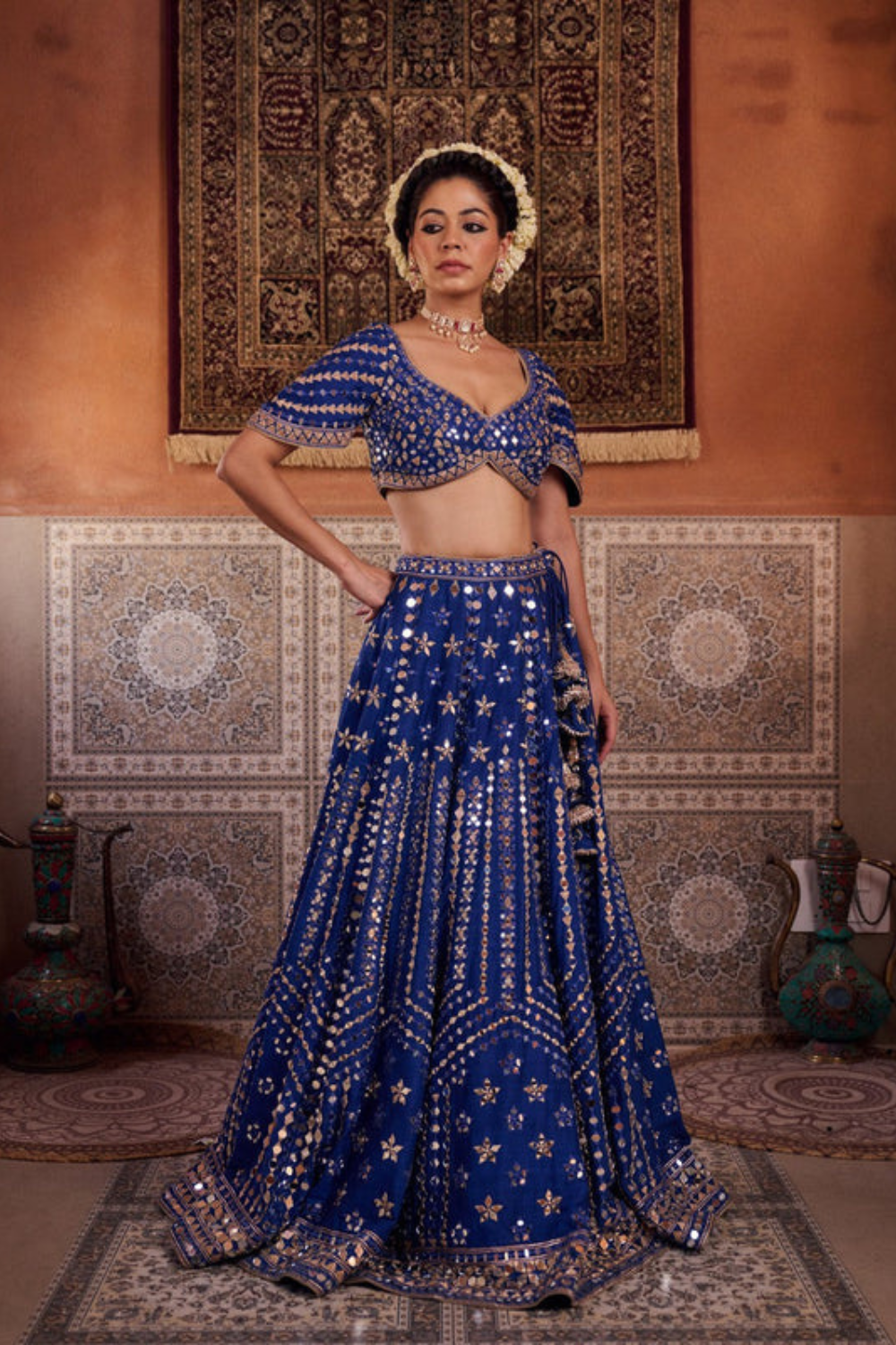 Royal blue dupion silk blouse, lehenga and net dupatta