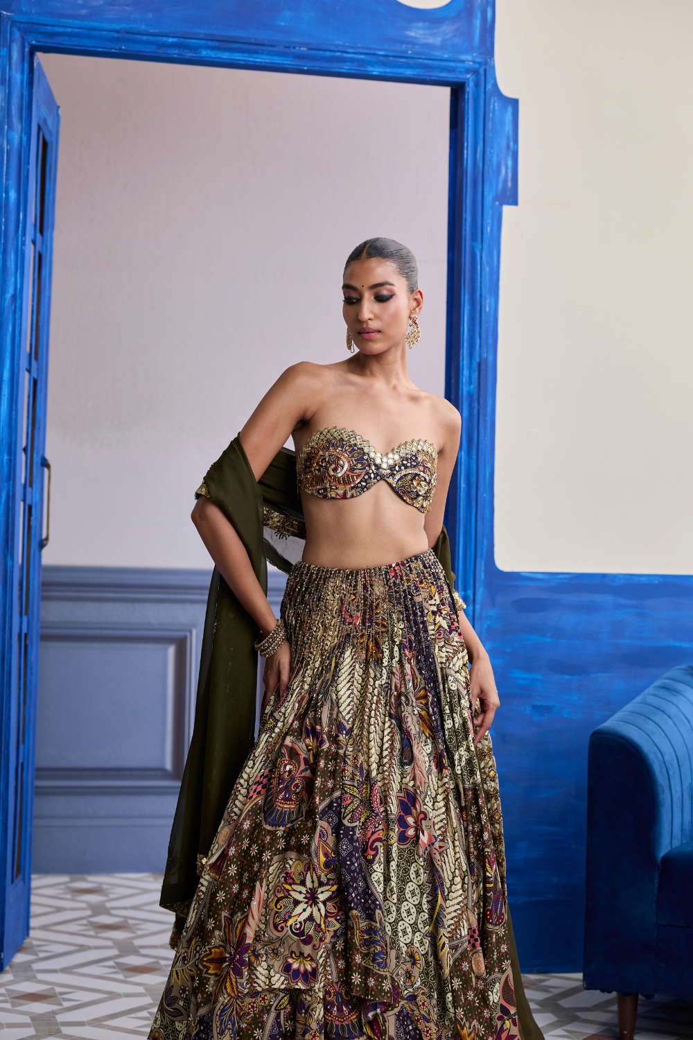 Olive Print Blouse with Highlighted Lehenga & Embroidered Dupatta Set (3-Piece)