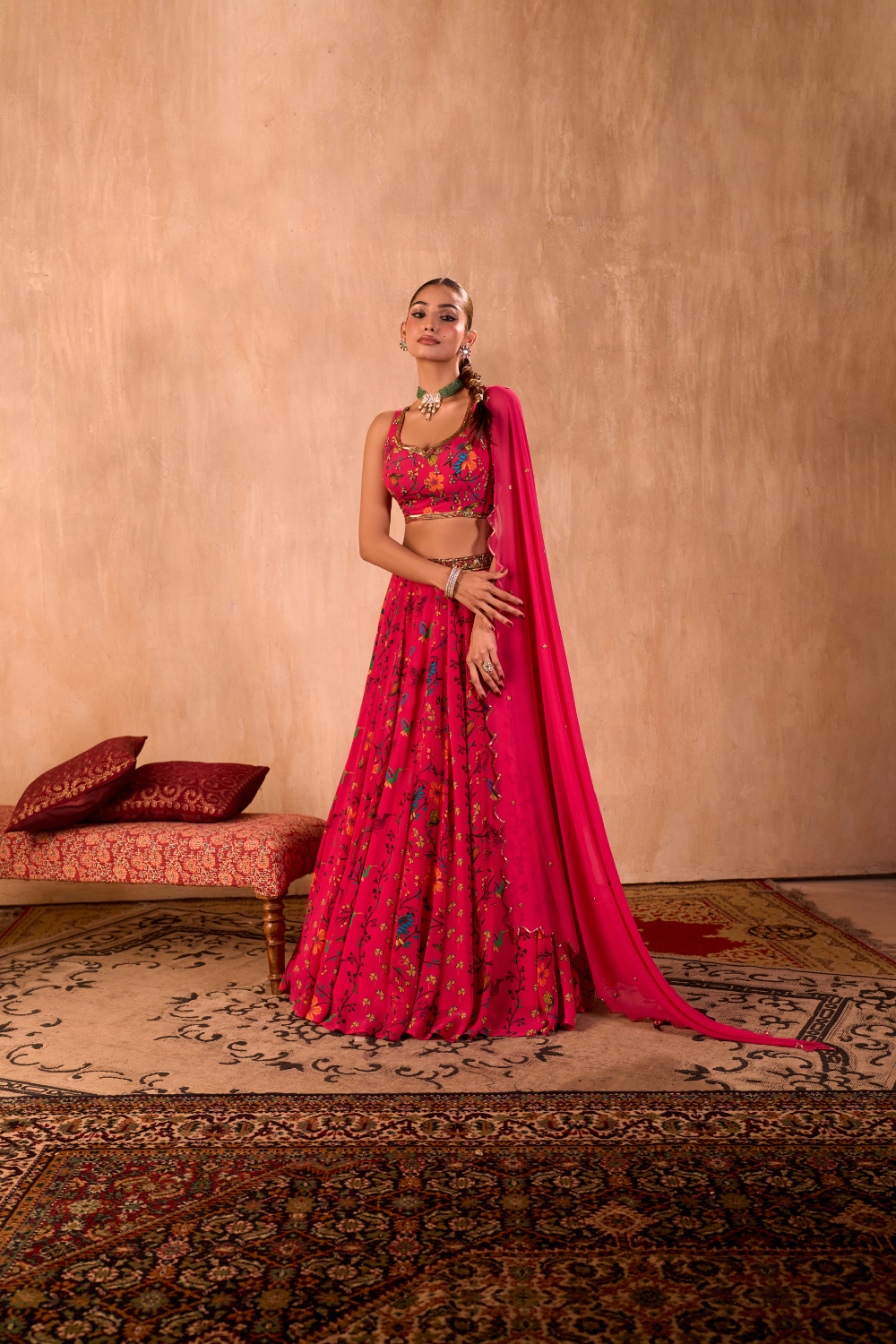 PINK PRINT EMBROIDERED CHOLI, LEHENGA AND DUPATTA SET