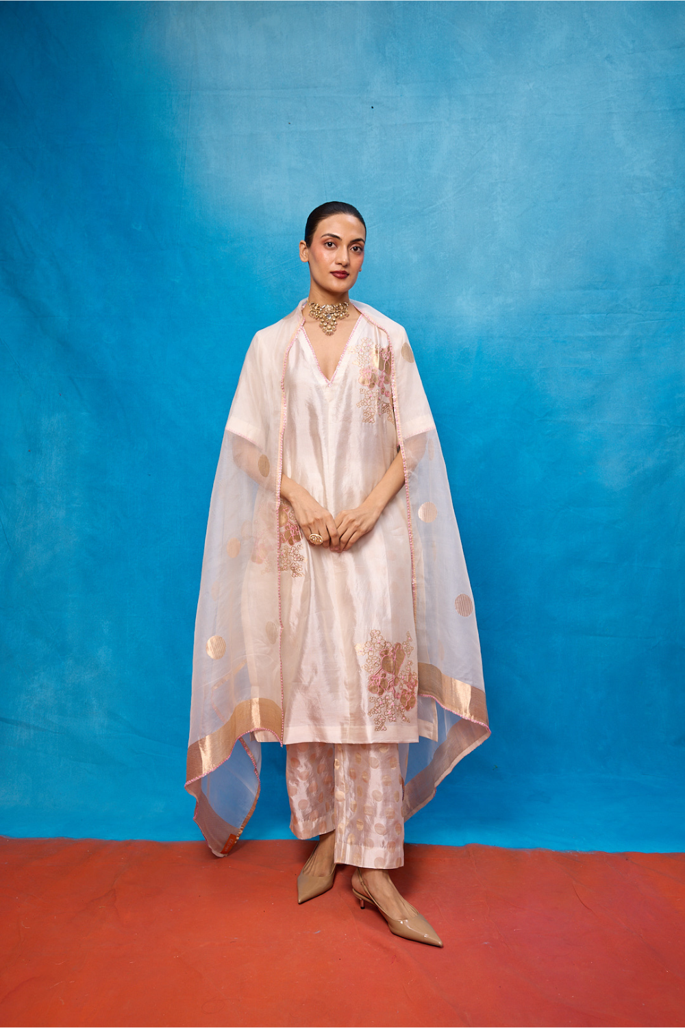 Handwoven Off-White Silk Banarasi Suit Set