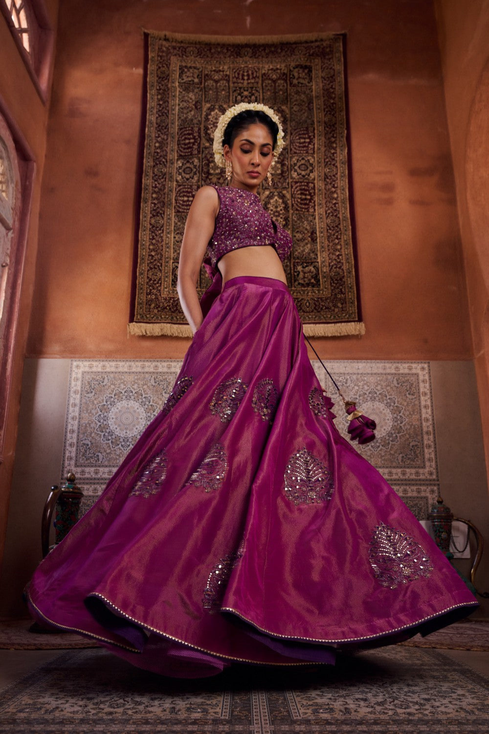 Purple shimmer tissue blouse, lehenga and dupatta
