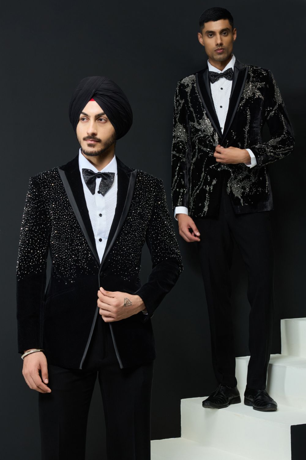 Black tuxedo highlighted with sequins, pearls and cutdana