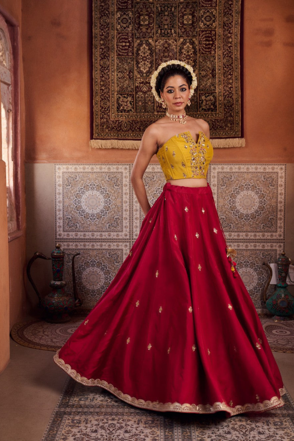 Mustard and raspberry wine upada silk corset, lehenga and organza dupatta