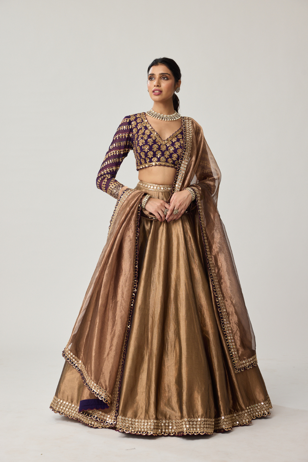 Copper Tissue Mughal Motif Lehenga Set