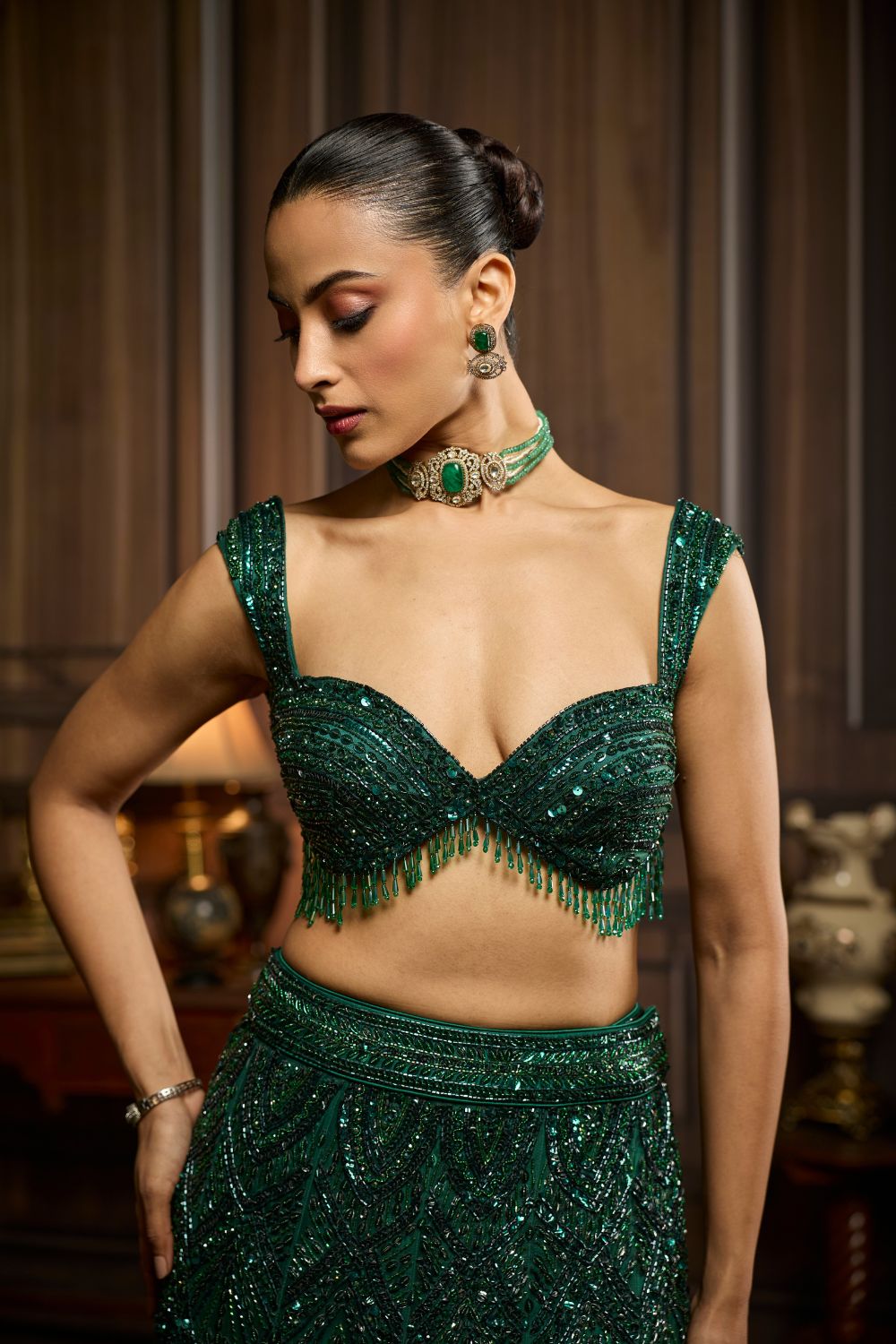 EMERALD GREEN EMBELLISHED  MERMAID SKIRT SET