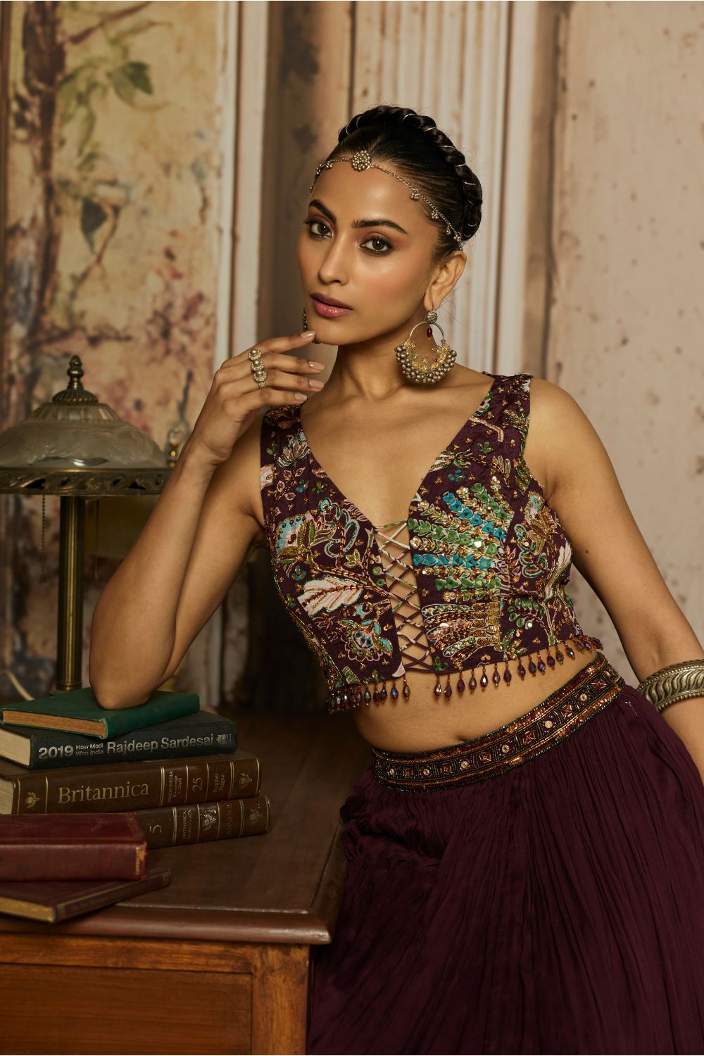 PLUM PRINT AND HIGHIGHTED BLOUSE WITH SKIRT SET