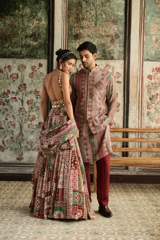 SAGE-MAROON PRINT AND HIGHLIGHTED SQUARE NECK BLOUSE WITH LEHENGA SET