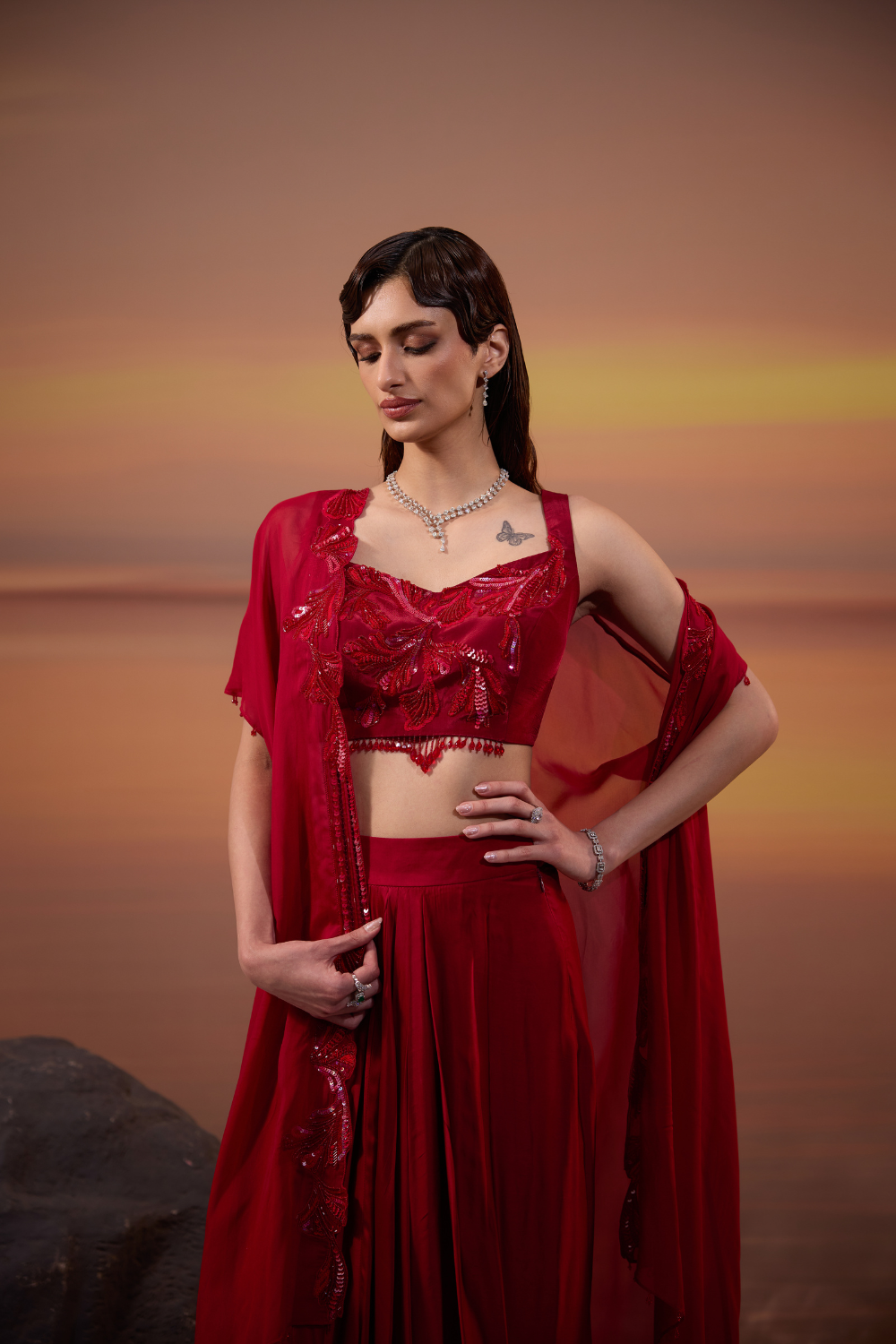 Crimson Embellished Cape Set