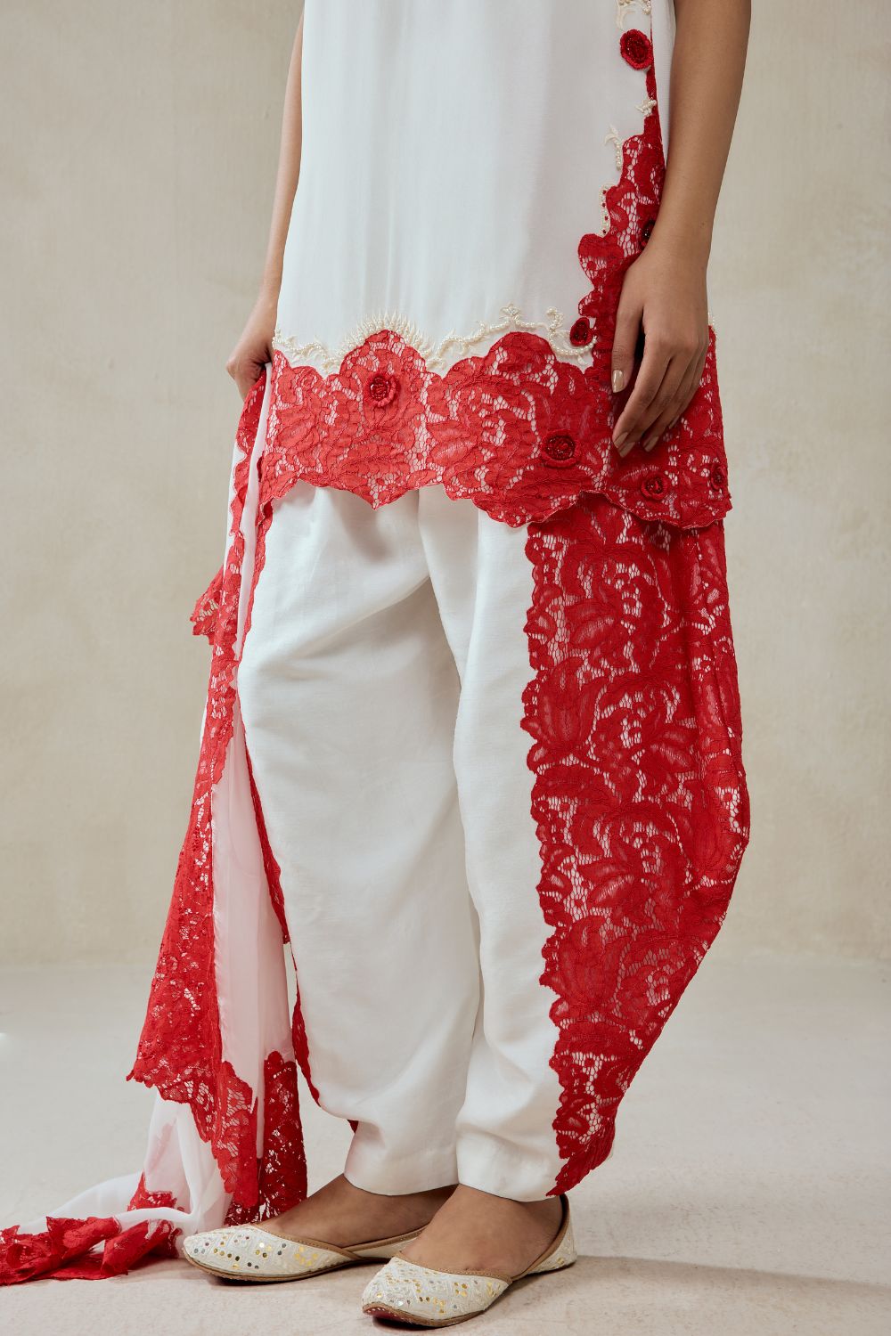 White Georgette With Red  Lace Applique Suit Set