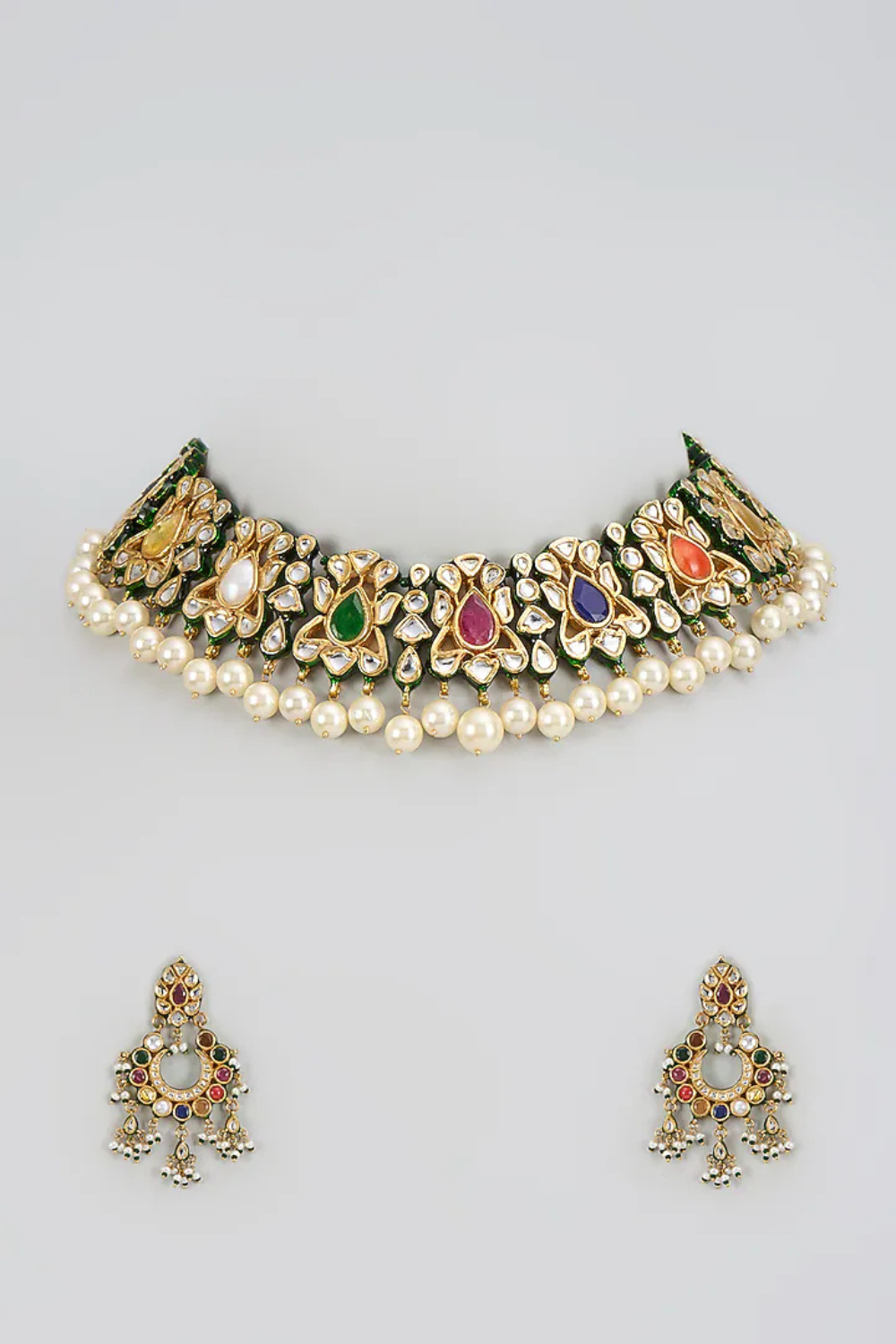 Navratna Pastel Jaipuri Kundan Multicolor Choker Set with Statement Earrings