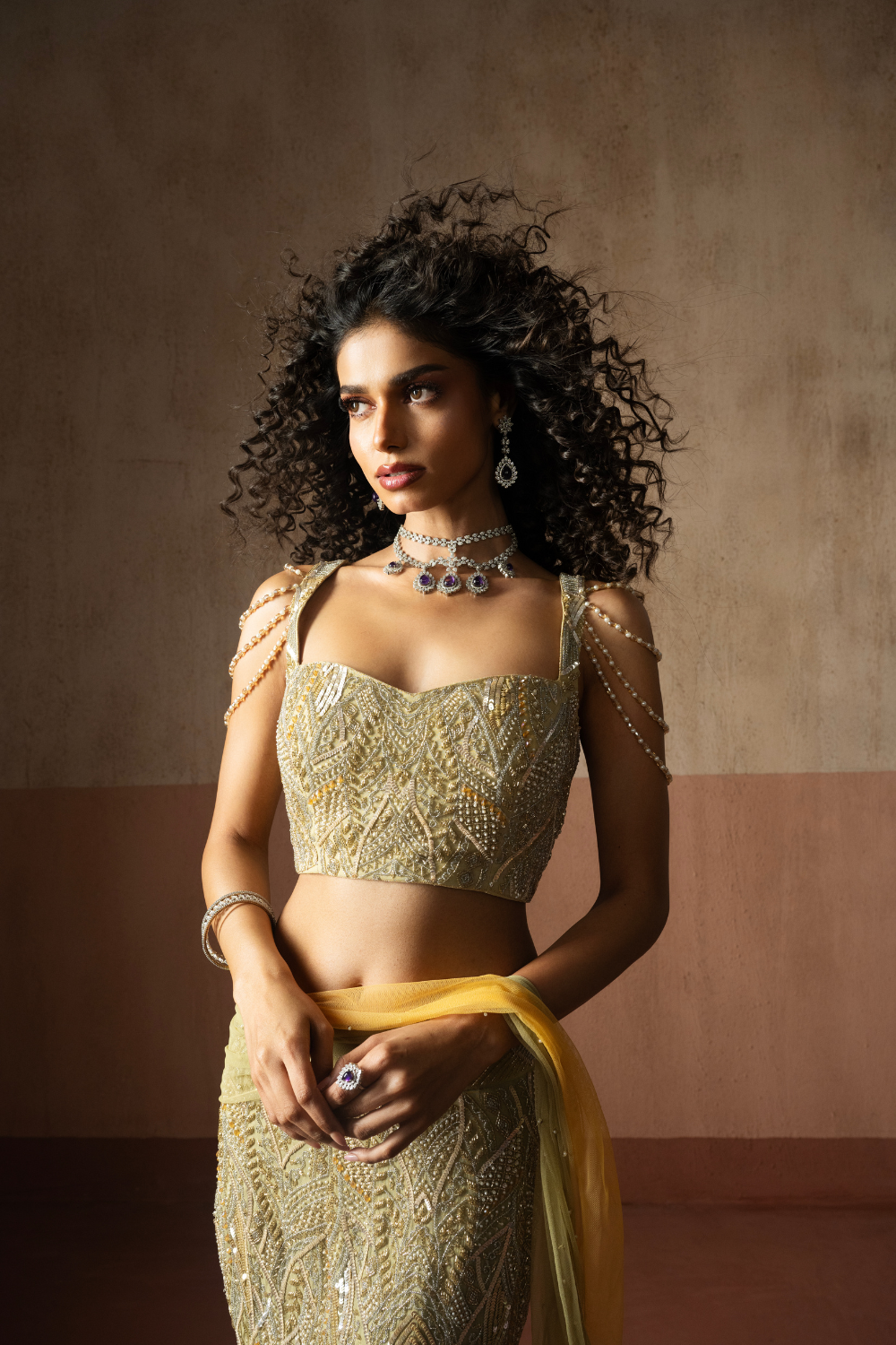 Fishtail style , sage green & pastel yellow hand embroidered , net &georgette fishtail saree, concept saree