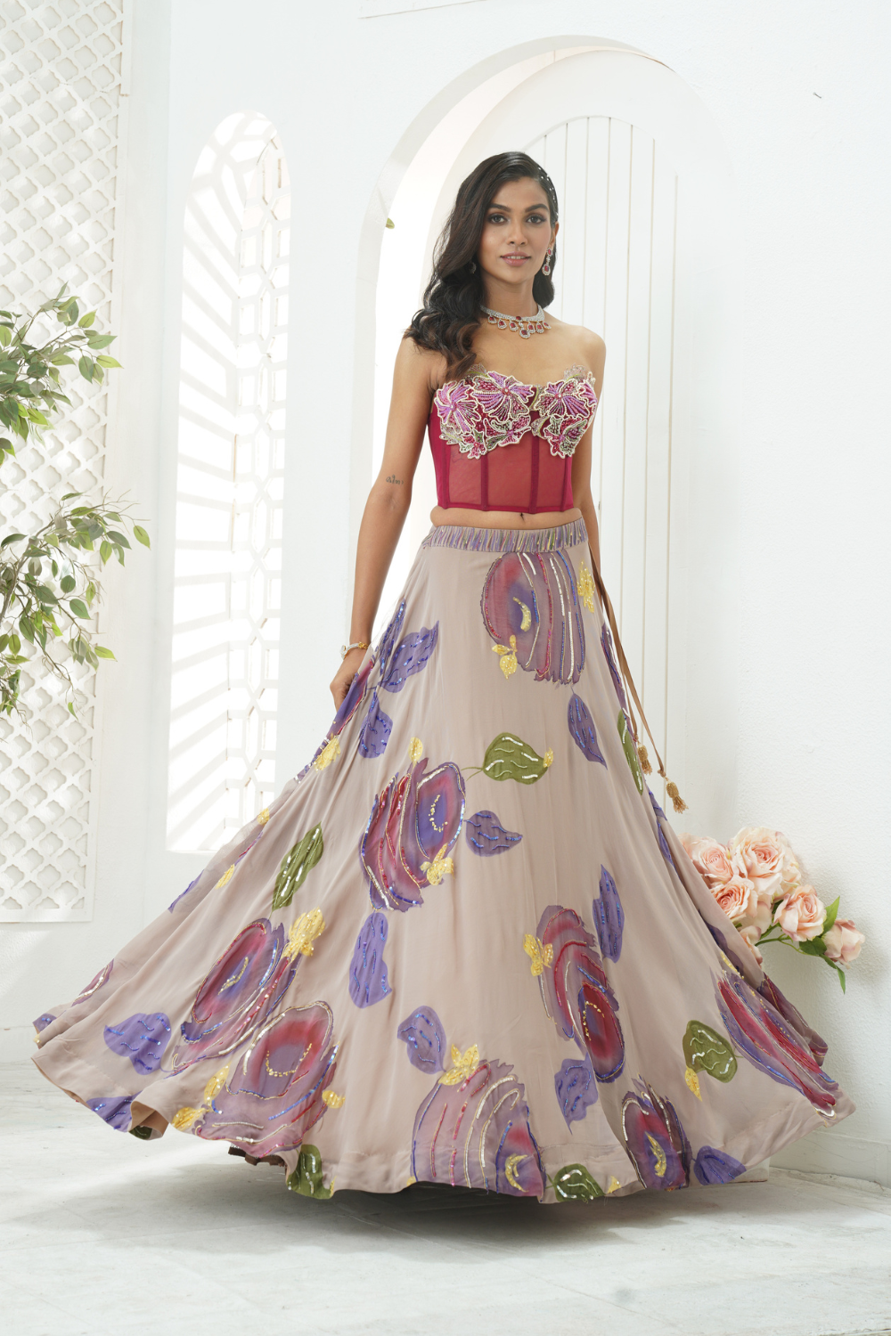 Mauve hand painted lehenga and floral corset set