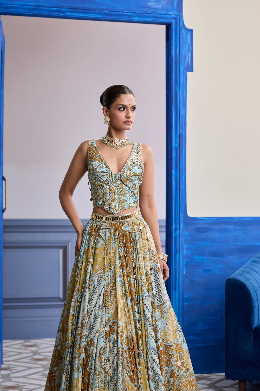 Yellow Floral Corset with Tassel Lehenga & Printed Dupatta Set