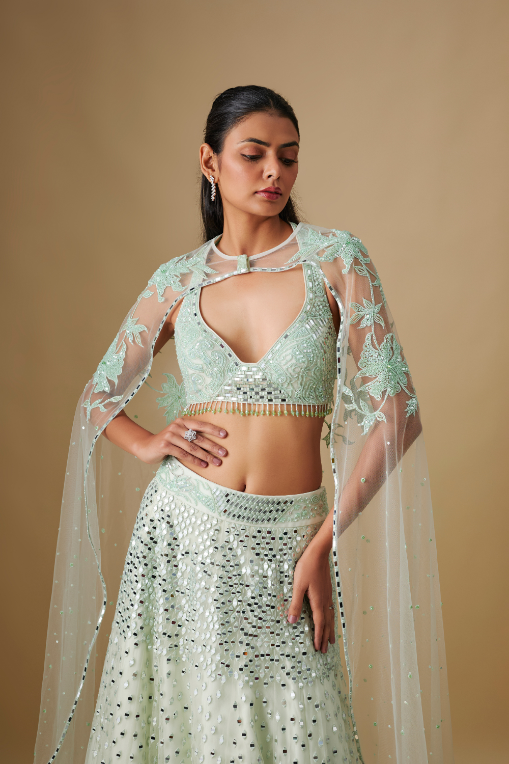 Thundra- Mint Lehenga Blouse with dupatta cape