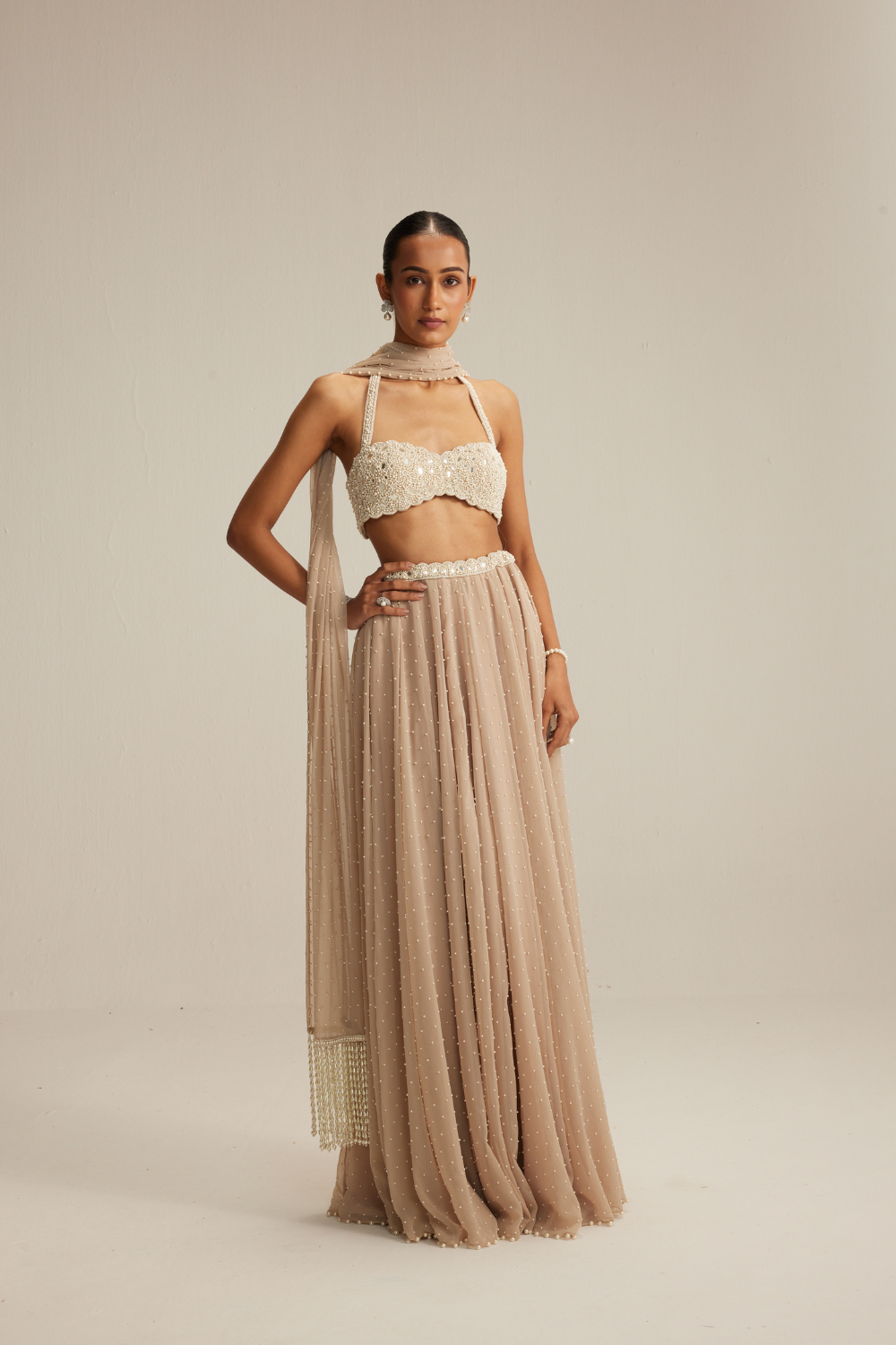 Light Beige Pearl Scattered Skirt with Halter neck Blouse