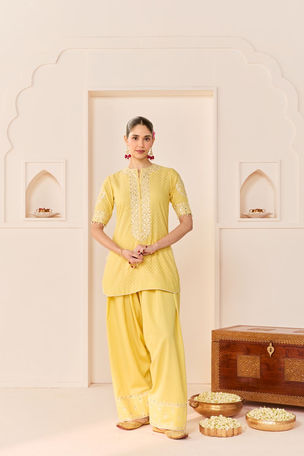 ANAISHA - LEMON YELLOW SHORT KURTA WITH FARSHI SALWAR AND DUPATTA